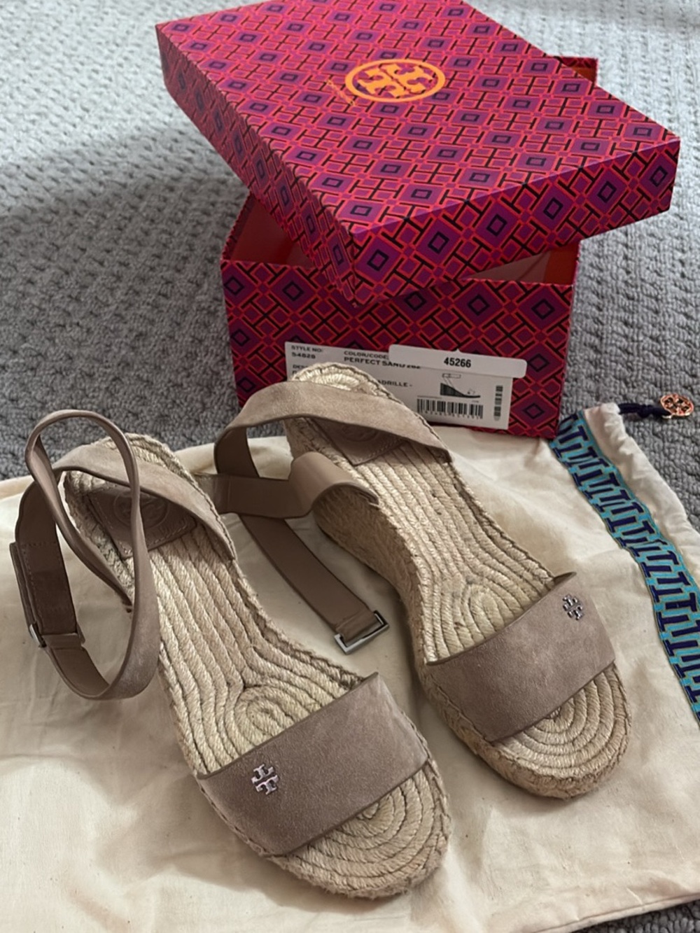 Tory Burch Taupe Suede Espadrille Wedge Sandals